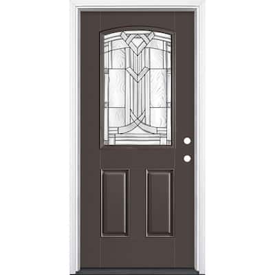 36 in. x 80 in. Chatham Camber Top Half Lite Left Hand Painted Fiberglass Prehung Front Door w/ Brickmold, Wood Frame