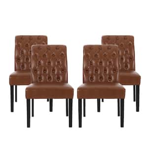 Cullon Cognac Brown Tufted Rolltop Faux Leather Dining Chair (Set of 4)