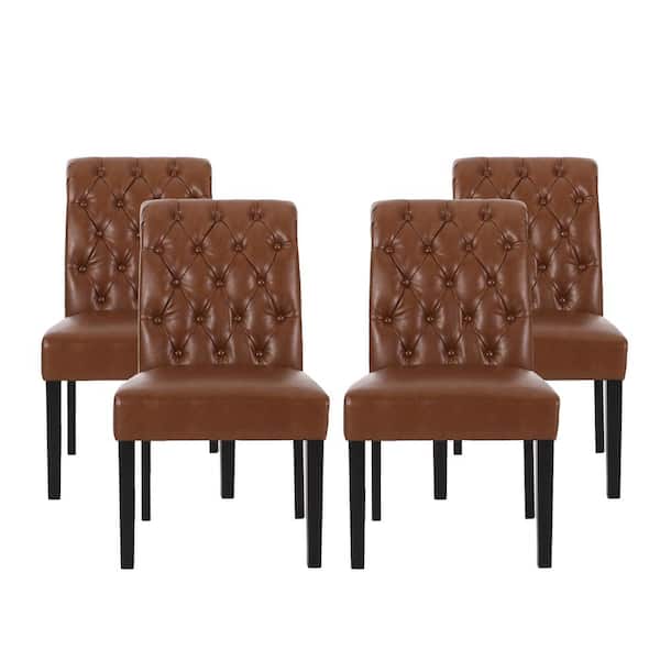Noble House Cullon Cognac Brown Tufted Rolltop Faux Leather Dining Chair (Set of 4)