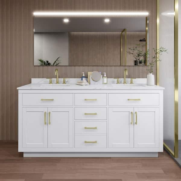 Wyndham Collection Beckett TK 72 in. W x 22 in. D x 35 in. H Double Sink Bath Vanity in White with Brushed Gold Trim Giotto Quartz Top