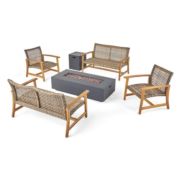 Noble House Augusta Grey 6-Piece Wood Outdoor Patio Fire Pit Seating Set