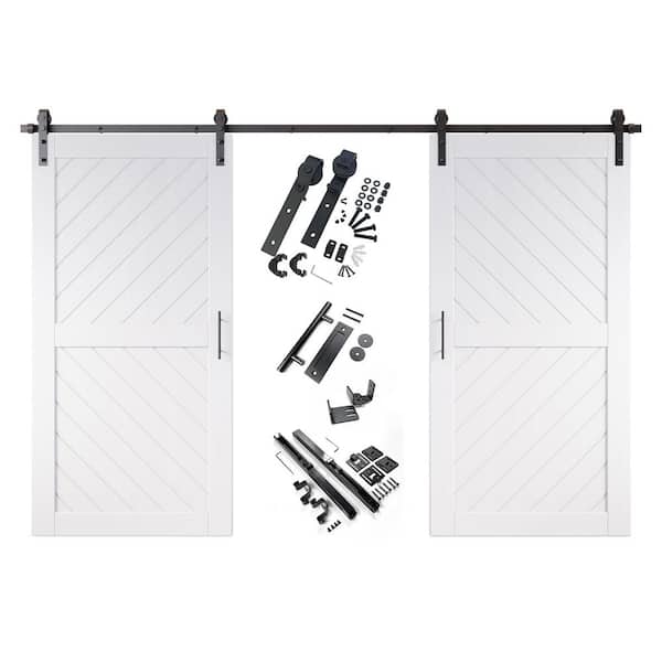 HOMACER XT3 32 in. x 80 in. C-Panel White Slanted Stripe Design Double Pine Wood Sliding Barn Door with Hardware Kit