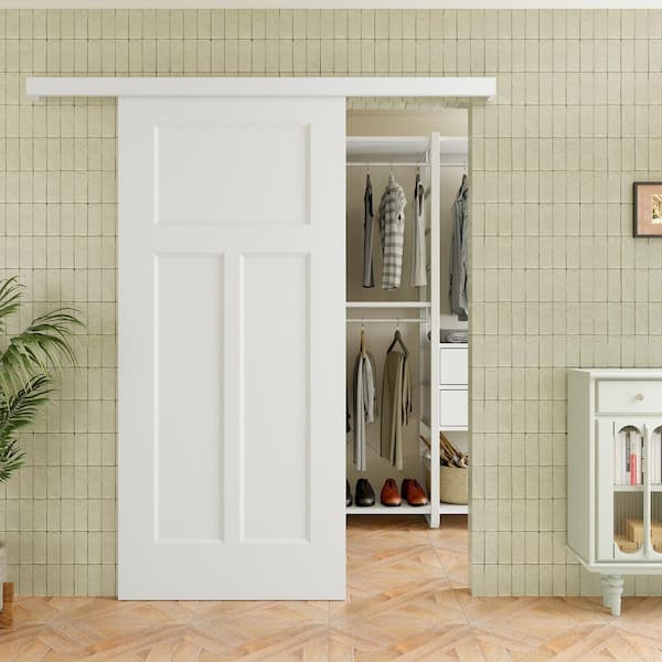 36 in. x 80 in. Hidden Track Style T Shape 3 Panel Solid Core White Primed MDF Sliding Barn Door with Hardware Kit