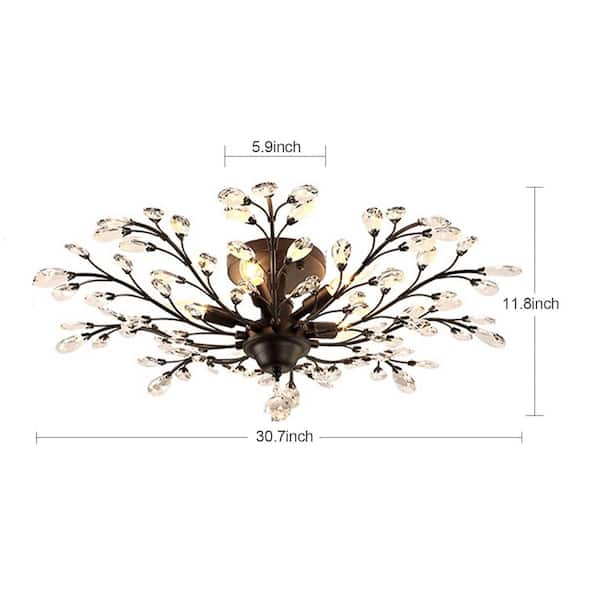 Oukaning 30.7 in. 5-Light Vintage Black Crystal Semi-Flush Mount Branches Design Ceiling Light