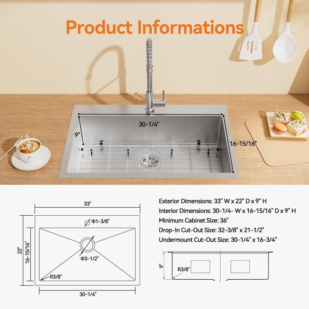 33'' Stainless Steel Drop-In Single Bowl Kitchen Sink