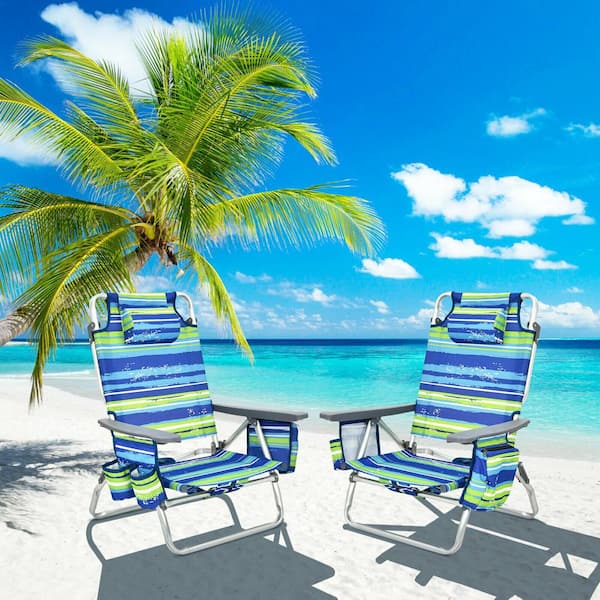 5-Position Blue Strip Outdoor Aluminum Folding Beach Chair with Pillow (4-Pack)