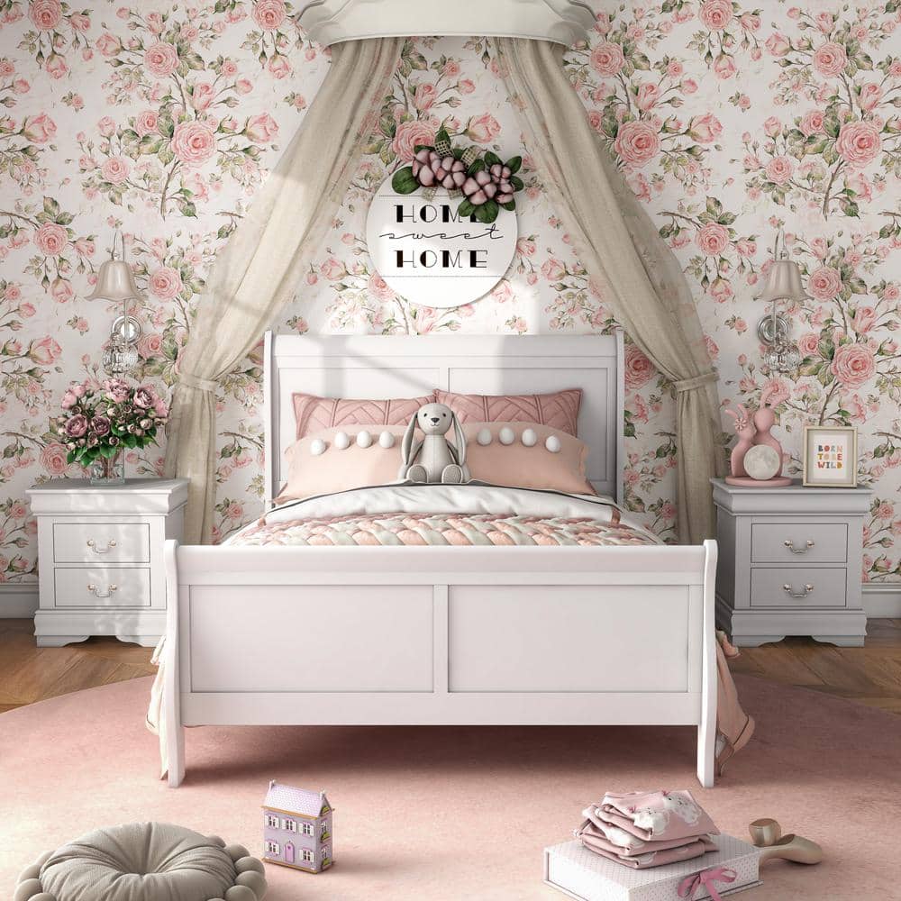 White Traditional Wood Sleigh Full Bed Frame with Headboard and Footboard