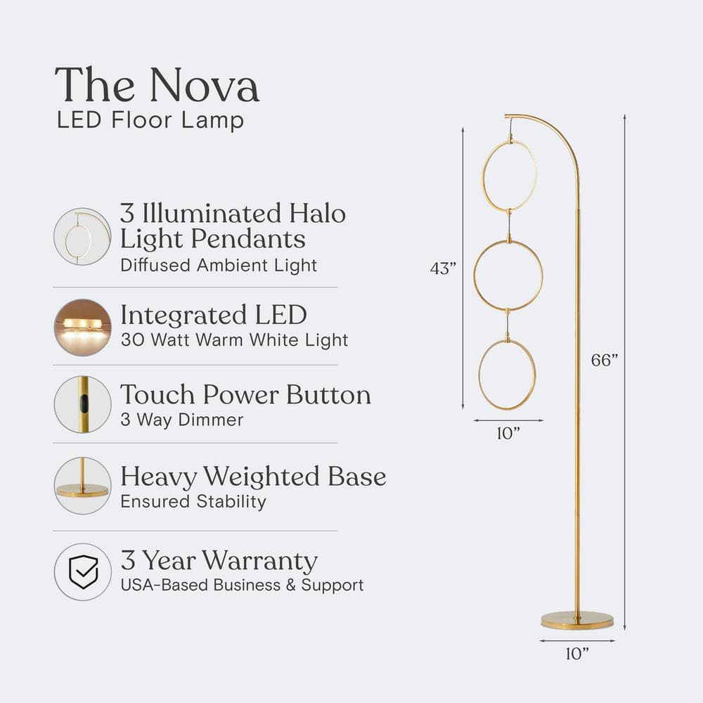 Brass Arc LED Floor Lamp with 3-Way Touch Switch