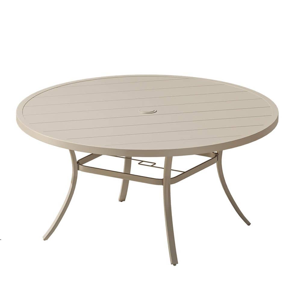 53 in. Sandshell Round Metal Outdoor Dining Table for 6-8 with Adjustable Umbrella Hole and Slatted Top for Lawn price history on PriceWatchPro