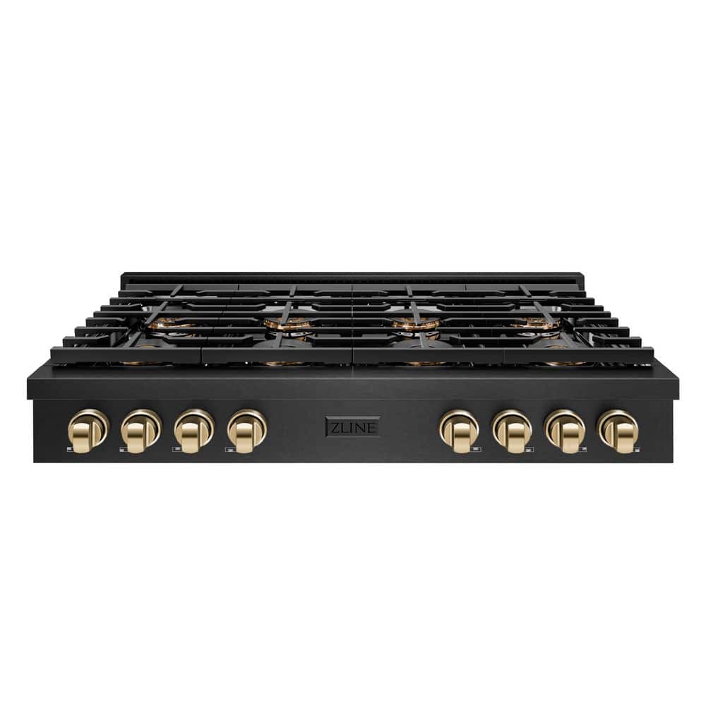 Autograph 48 in. Paramount Gas Rangetop with 8 Burner DuoProâ„¢ Cooktop in Black Satin and Polished Gold Accents