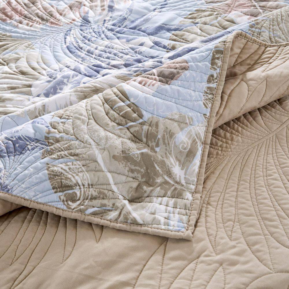 Mist Blue and Khaki Reversible Microfiber Full Quilt Set