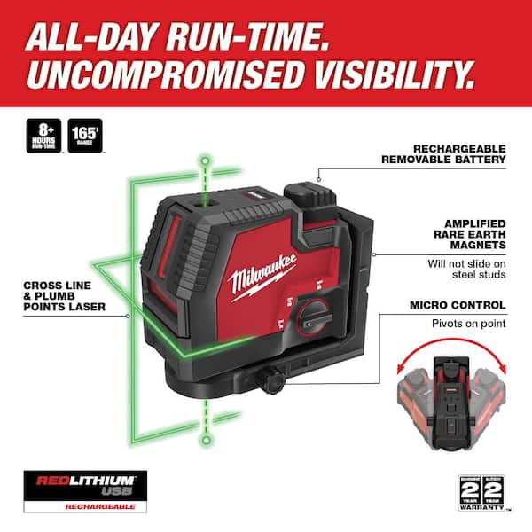 Milwaukee Green 100 ft. Cross Line and Plumb Points Rechargeable Laser Level  with REDLITHIUM Lithium-Ion USB Battery and Charger 3522-21 - The Home Depot