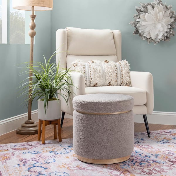 Linon Home Decor Savoy Light Gray Sherpa Fabric Round Storage 18 in. Ottoman