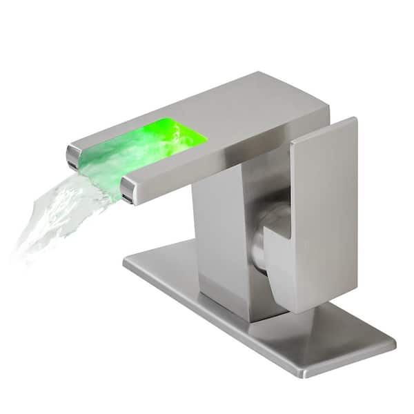 Tahanbath Bathroom Sink Faucet LED Light 3 Colors Changing Waterfall Glass Spout Hot Cold Water Mixer Single Handle