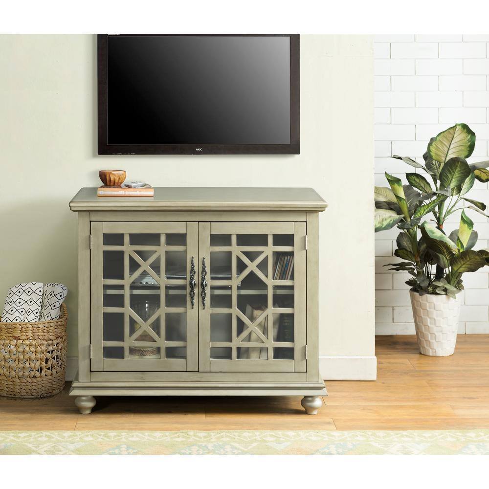 Parisian Antique Market Inspired 38" TV Stand with Trellis Glass Doors, Antique Silver
