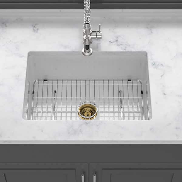 30 in. Undermount Single Bowl White Ceramic Kitchen Sink with Bottom Grids
