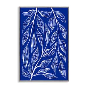 Blue Leaves and Grasses by Martina Pavlova Gray Framed Nature Giclee Art Print 30 in. x 20 in.