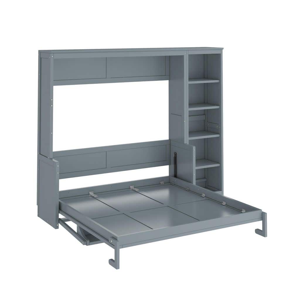 White Wood Frame Queen Size Murphy Bed Wall Bed with Integrated Desk and Storage Shelves - thumbnail 8