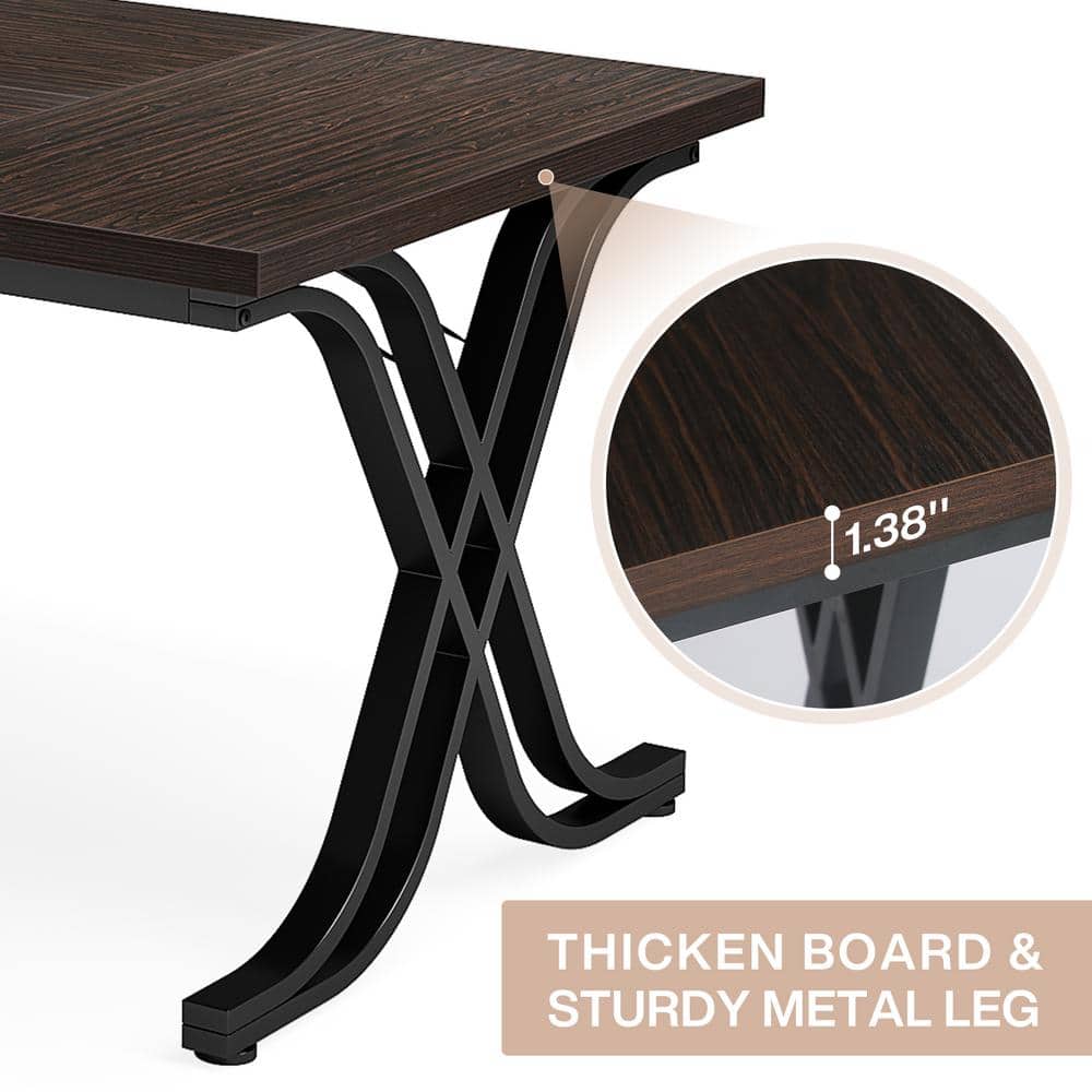 63-Inch Walnut Brown Executive Desk with Metal Frame