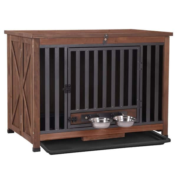 Wooden Dog Crate with Folding Design with Strong Iron Frame Dog House, Indoor Dog House with Pull Out Tray