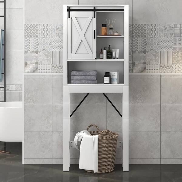 Over the Toilet Bathroom Storage Cabinet with Sliding Barn Door and Adjustable Shelf