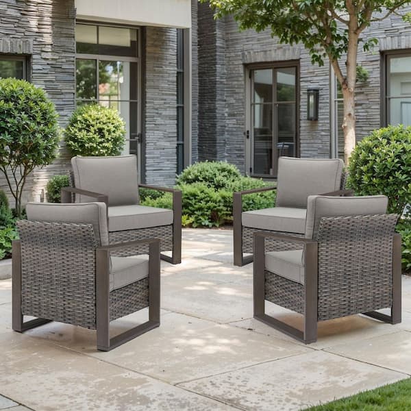 Cube Edge Porch Gray Wicker Outdoor Lounge Chair with Olefin Gray Cushions and 4 in. Wide Armrest (4-Piece)