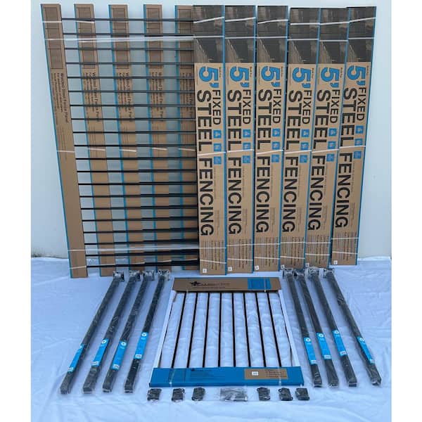 US Door and Fence 4.84 ft. x 48 ft. Blk Ornamental Space Bar Flat Metal Fence Panel Kit (6 panels,Posts,brackets,Gate)Above Ground Install