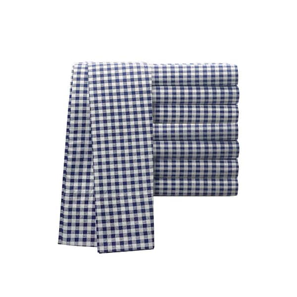 Laurel & Mayfair Gingham Plaid 4-Piece Navy 250TC Cotton Percale Queen Sheet Set