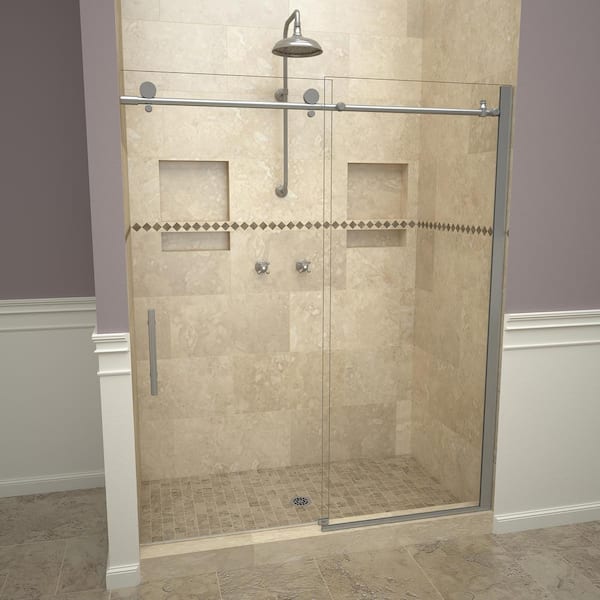 Redi Slide 2800V Series 59 in. W x 76 in. H Semi-Frameless Sliding Shower Door in Brushed Nickel with Pull Handles and Clear Glass