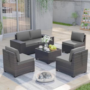 6-Piece Wicker Outdoor Sectional Set with Glass Coffee Table and Grey Cushions