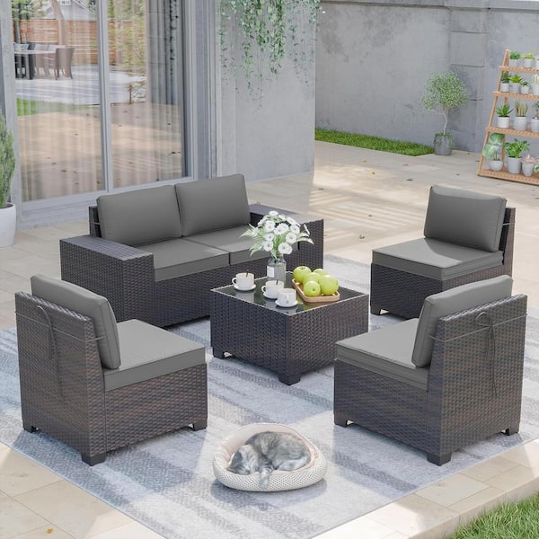 Halmuz 6-Piece Wicker Outdoor Sectional Set with Glass Coffee Table and Grey Cushions