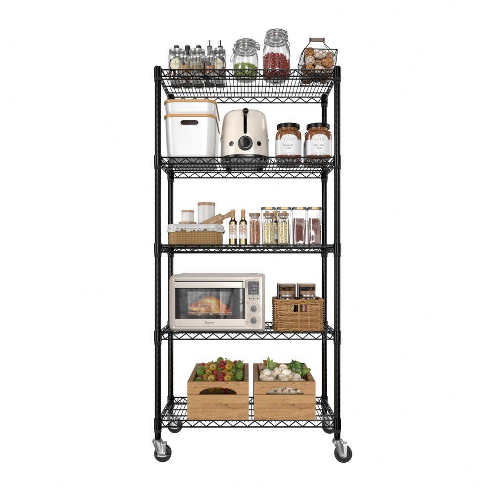 "71 in. Tall 5-Tier Steel Kitchen Shelf with Wheels, Storage Shelving Unit Bookcases, 35"" W x 18"" D, Black" price history on PriceWatchPro