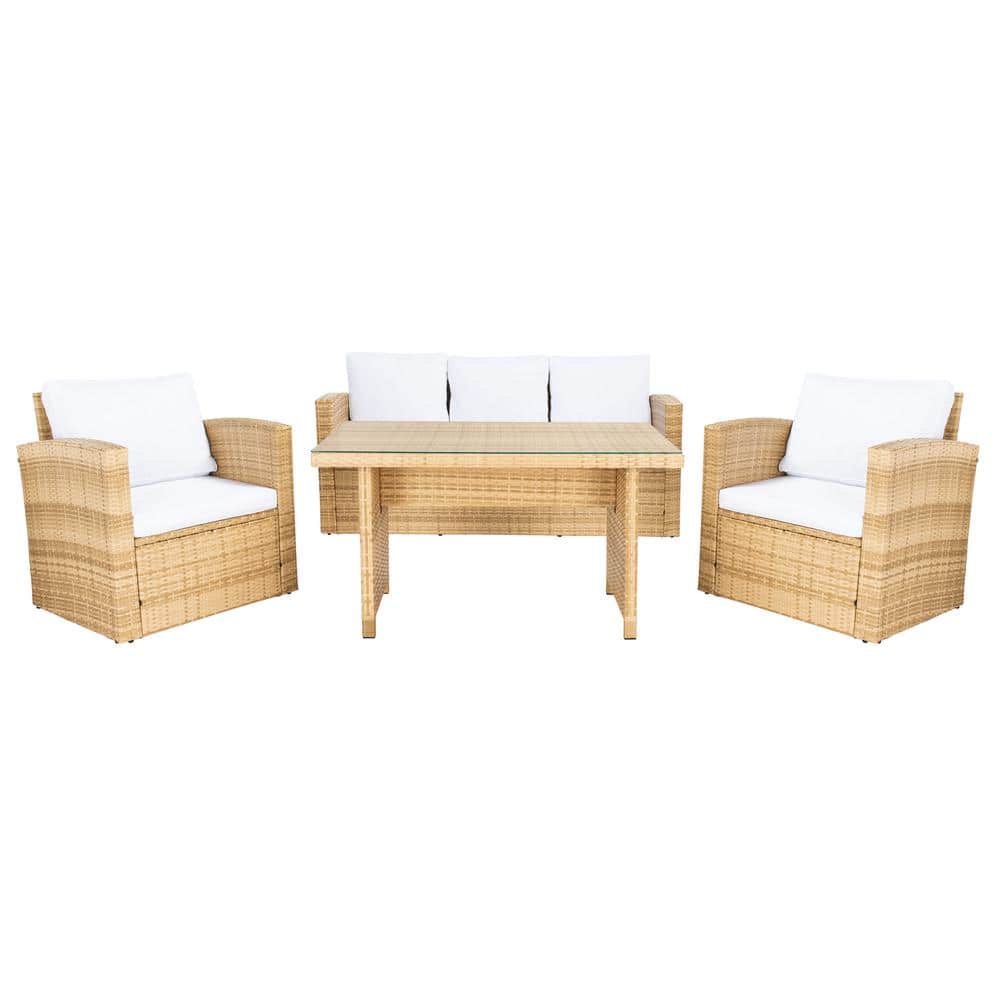 SAFAVIEH Nyra Natural 4Piece Wicker Outdoor Patio Dining Set with White Cushions PAT7700D3BX