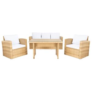Nyra Natural 4-Piece Wicker Outdoor Patio Dining Set with White Cushions