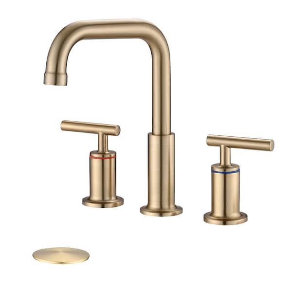 Pdpbath 8 in. Widespread Double Handle Bathroom Faucet with Drain Kit in Brushed Gold