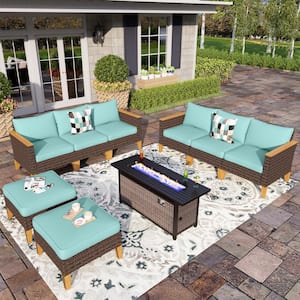 Brown Rattan Wicker 8 Seat 9-Piece Steel Outdoor Patio Conversation Set with Blue Cushions, Rectangular Fire Pit Table