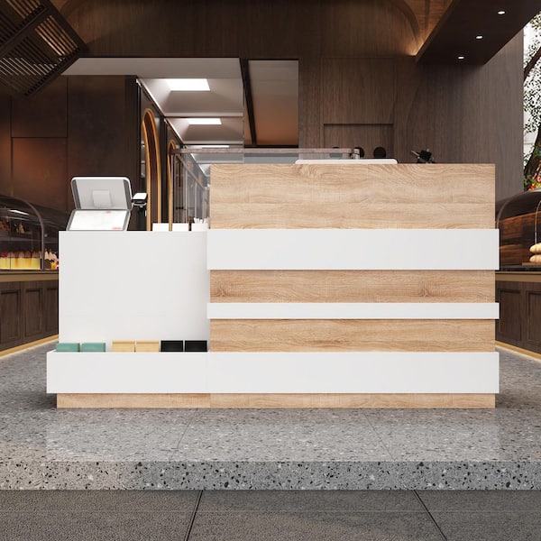 FUFU&GAGA 87.2 in. W Rectangle Wooden Grain and White 1-Drawer Writing Desk, Computer Desk, Reception Desk with Keyboard Tray