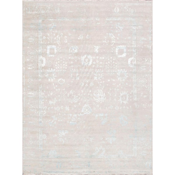 Pasargad Home Transitional Silver/Blue 10 ft. x 13 ft. Oriental Bamboo Silk and Wool Area Rug