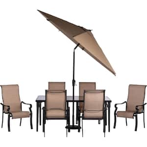 Brigantine 7-Piece Glass-Top Rectangular Patio Dining Set with Umbrella and Base