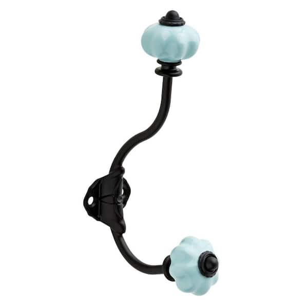 Liberty 6-3/4 in. Black Coat Hook with Aqua Blue Ceramic Melon Knob Accents