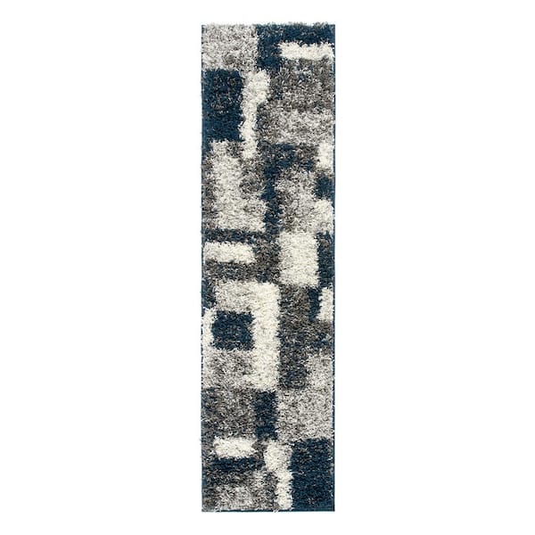 World Rug Gallery Navy 2 ft. x 7 ft. Distressed Modern Boxes Plush Shag Runner Rug