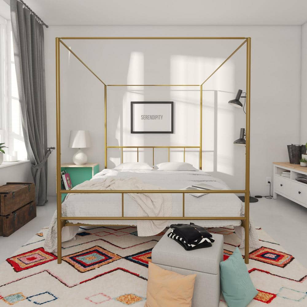 Full Gold Metal Canopy Bed Frame with Headboard
