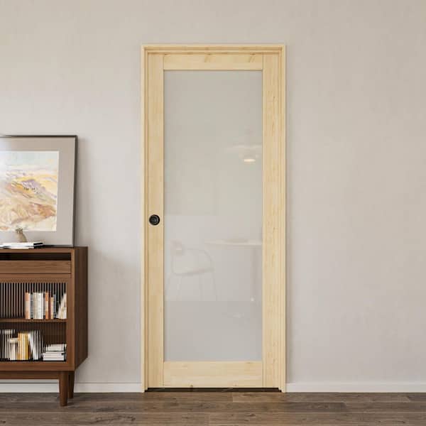30 in. x 80 in. Right Handed Frosted Glass Solid Core UnFinished Pine Wood Door with Quick Assemble Jamb 1-Lite