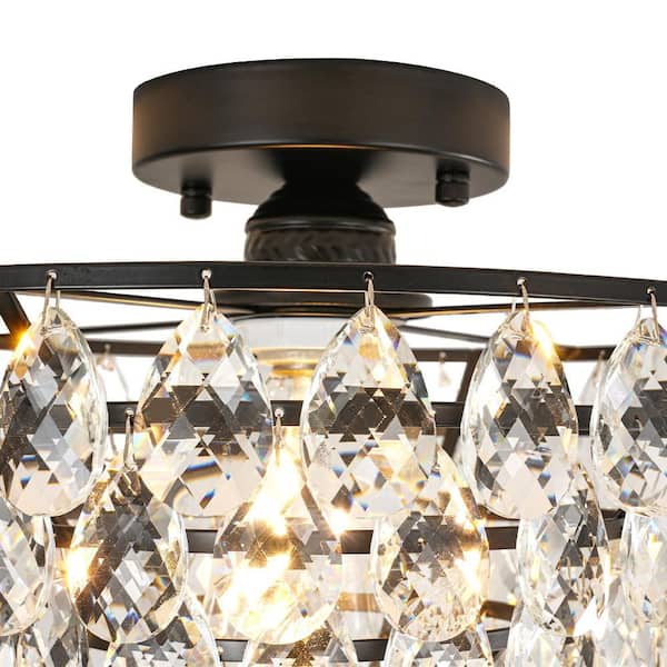 HUOKU Cristal 1-Light 12.6 in.W Matte Black Semi Flush Mount