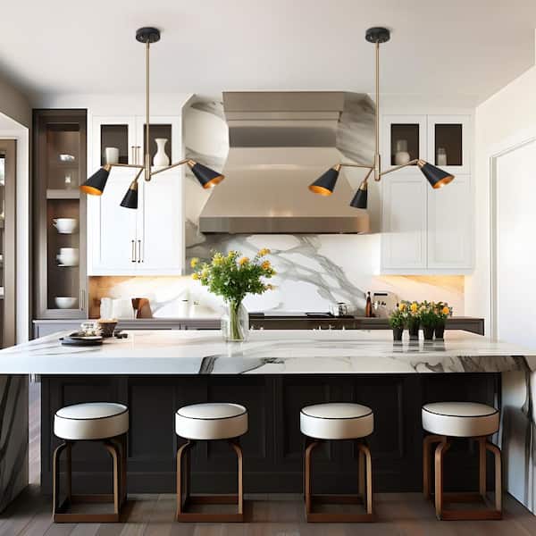 Modern 3-light Plated Brass Island Chandelier, Transitional Chandelier with Adjustable Black Cone Shade for Dinning Room