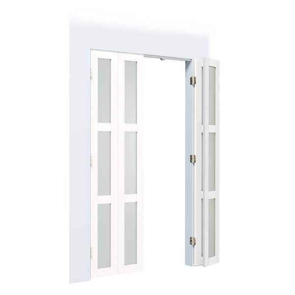 60 in. x 80 in. 3-Lite, Frosted Glass, Solid Core, MDF, PVC Covering Compack 180-Bi-Fold Door with Hardware Kits