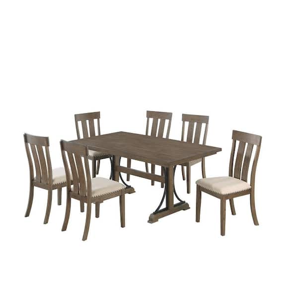 Best Quality Furniture Manin 7-pc dining set brown Oak Beige Linen Fabric