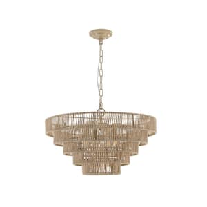 23.6 in. 8-Lights Integrated LED Brown Woven Pendant Light, Large Rattan Pendant Light with 5-Tier Rattan Chandelier