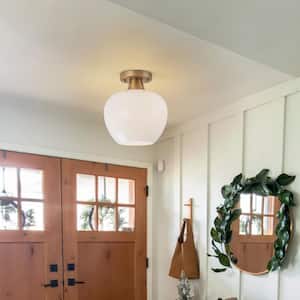 9.06 in. 1-Light Natural Brass Semi Flush Mount with Clear Opal Glass Shade
