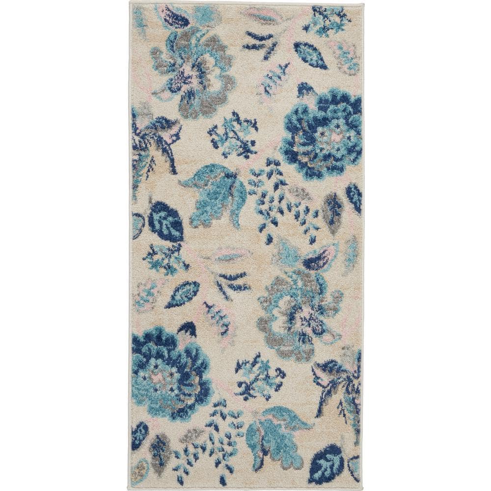Elegant Ivory & Light Blue Floral Synthetic Area Rug 2' x 4'